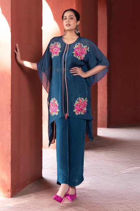 Buy Kahani Lush Blue Organza Embroidery, Sequins, Beads Round Neck, Floral Shrug Pant Set Online at Aza Fashions Buy_Kahani Lush_Blue Organza Embroidery, Sequins, Beads Round Neck, Floral Shrug Pant Set _Online_at_Aza_Fashions