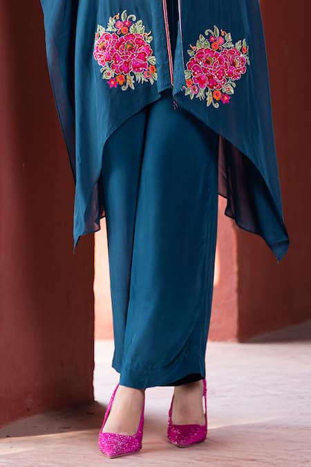 Shop Kahani Lush Blue Organza Embroidery, Sequins, Beads Round Neck, Floral Shrug Pant Set Online at Aza Fashions Shop_Kahani Lush_Blue Organza Embroidery, Sequins, Beads Round Neck, Floral Shrug Pant Set _Online_at_Aza_Fashions