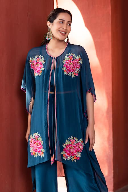 Kahani Lush Blue Organza Embroidery, Sequins, Beads Round Neck, Floral Shrug Pant Set at Aza Fashions Kahani Lush_Blue Organza Embroidery, Sequins, Beads Round Neck, Floral Shrug Pant Set _at_Aza_Fashions