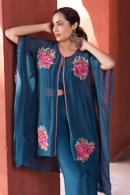 Buy Kahani Lush Blue Organza Embroidery, Sequins, Beads Round Neck, Floral Shrug Pant Set Buy_Kahani Lush_Blue Organza Embroidery, Sequins, Beads Round Neck, Floral Shrug Pant Set