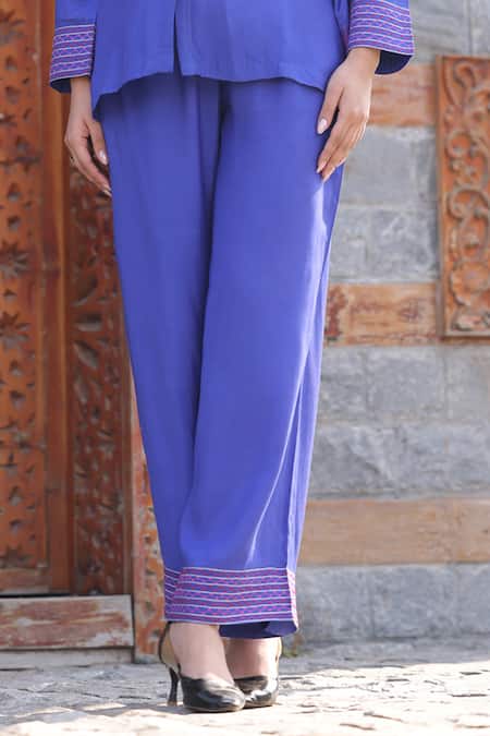 Shop Kahani Lush Purple Cotton, Silk Embroidery Collared Thread Shirt And Pant Set Online at Aza Fashions Shop_Kahani Lush_Purple Cotton, Silk Embroidery Collared Thread Shirt And Pant Set _Online_at_Aza_Fashions