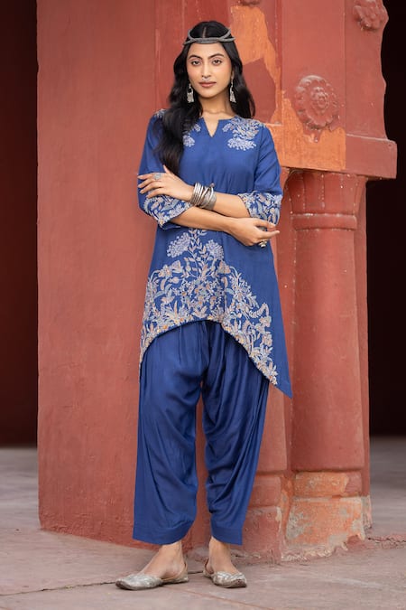 Buy Kahani Lush Blue Cotton, Silk Sequins, Beads, Embroidery Split Floral Kurta And Salwar Set Online at Aza Fashions Buy_Kahani Lush_Blue Cotton, Silk Sequins, Beads, Embroidery Split Floral Kurta And Salwar Set _Online_at_Aza_Fashions