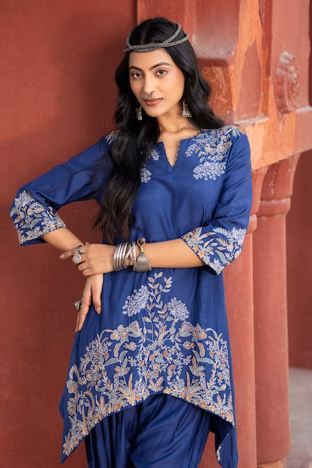 Shop Kahani Lush Blue Cotton, Silk Sequins, Beads, Embroidery Split Floral Kurta And Salwar Set Online at Aza Fashions Shop_Kahani Lush_Blue Cotton, Silk Sequins, Beads, Embroidery Split Floral Kurta And Salwar Set _Online_at_Aza_Fashions