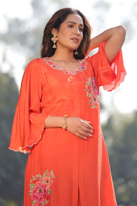 Shop_Kahani Lush_Orange Cotton, Silk Sequins, Beads, Embroidery Round Floral Kurta And Pant Set _Online_at_Aza_Fashions