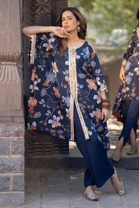 Kahani Lush Blue Cotton, Silk Mirrors, Zari Round Neck Floral Embroidered Kaftan And Pant Set Online at Aza Fashions Kahani Lush_Blue Cotton, Silk Mirrors, Zari Round Neck Floral Embroidered Kaftan And Pant Set _Online_at_Aza_Fashions