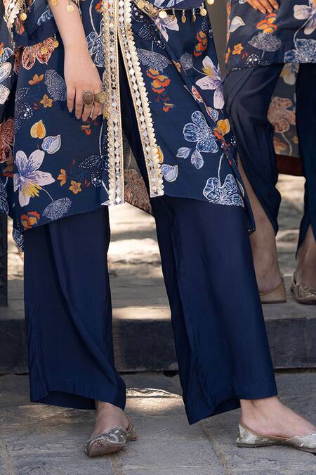Shop Kahani Lush Blue Cotton, Silk Mirrors, Zari Round Neck Floral Embroidered Kaftan And Pant Set Online at Aza Fashions Shop_Kahani Lush_Blue Cotton, Silk Mirrors, Zari Round Neck Floral Embroidered Kaftan And Pant Set _Online_at_Aza_Fashions
