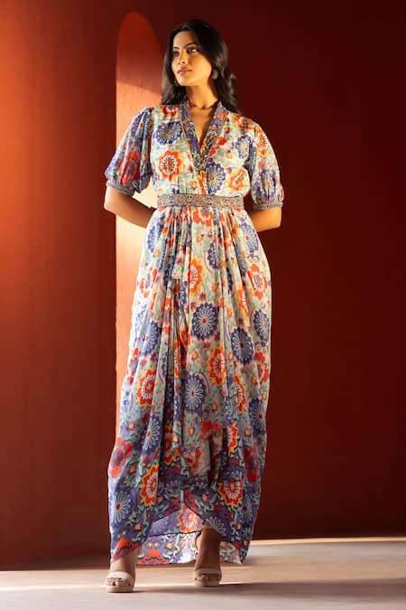 Kahani Lush Blue Cotton, Silk Sequins V-neck Floral Embroidered Maxi Dress Online at Aza Fashions Kahani Lush_Blue Cotton, Silk Sequins V-neck Floral Embroidered Maxi Dress _Online_at_Aza_Fashions
