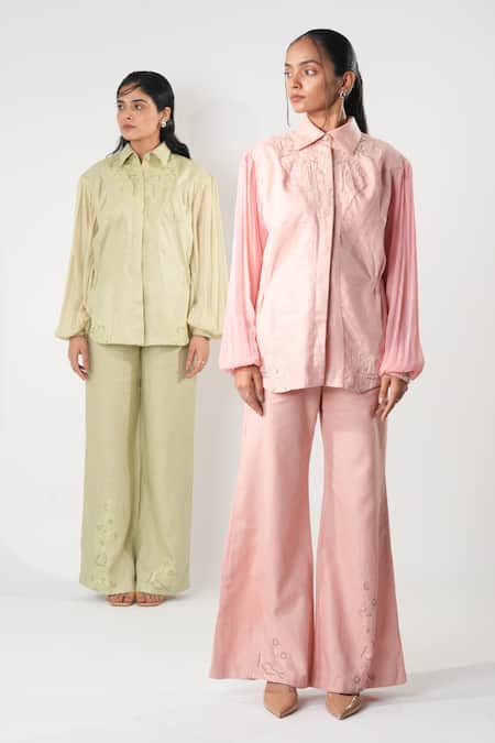 Shop_Orthodox_Green Bamboo, Hemp Embroidery Aari Flared Trouser _at_Aza_Fashions