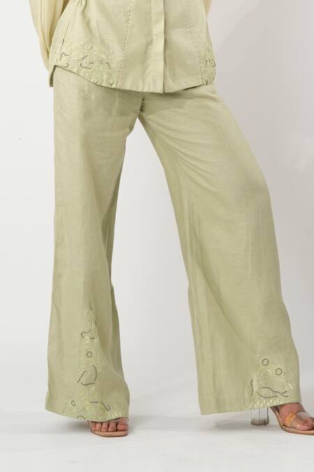 Orthodox_Green Bamboo, Hemp Embroidery Aari Flared Trouser _Online_at_Aza_Fashions