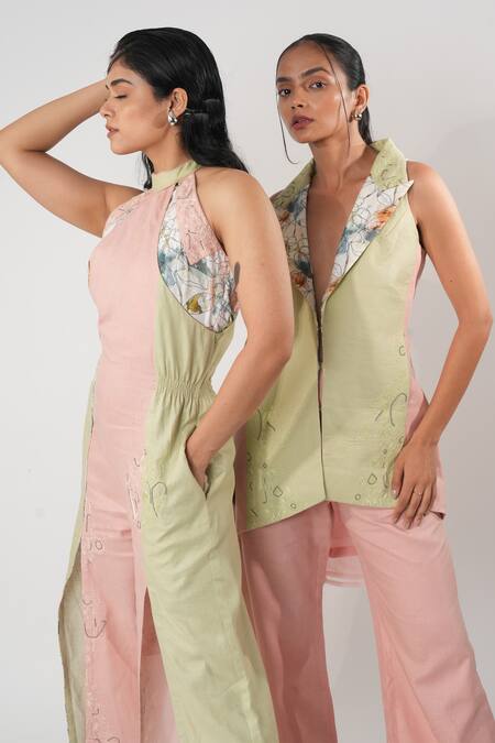 Orthodox_Green Bamboo, Hemp Fabric Flowers Aari Embroidered Colorblocked Blazer _Online_at_Aza_Fashions