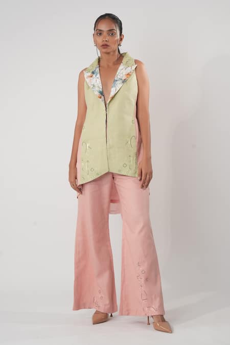 Buy_Orthodox_Green Bamboo, Hemp Fabric Flowers Aari Embroidered Colorblocked Blazer _Online_at_Aza_Fashions