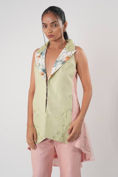 Shop_Orthodox_Green Bamboo, Hemp Fabric Flowers Aari Embroidered Colorblocked Blazer _Online_at_Aza_Fashions