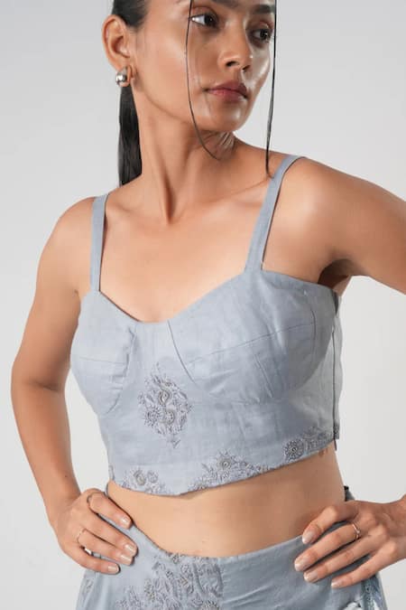 Orthodox Blue Bamboo, Hemp, Denim Embroidery Sweetheart Neck Warli Strap Sleeve Bustier Online at Aza Fashions Orthodox_Blue Bamboo, Hemp, Denim Embroidery Sweetheart Neck Warli Strap Sleeve Bustier _Online_at_Aza_Fashions