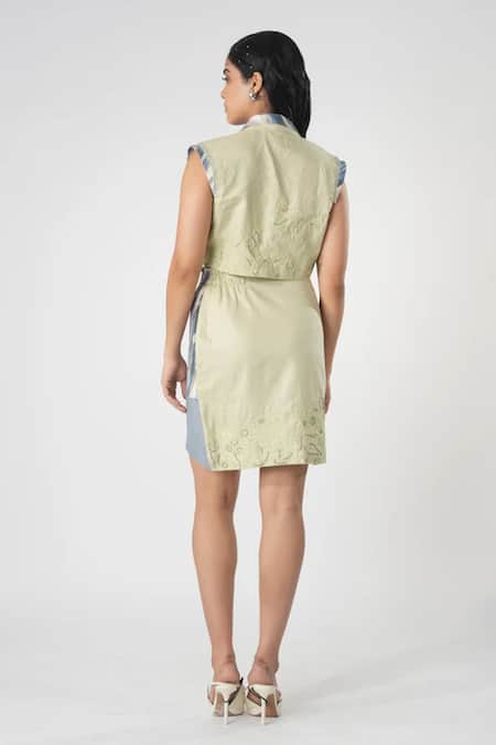 Shop_Orthodox_Green Bamboo, Hemp Embroidery Collared Warli Art Crop Jacket _at_Aza_Fashions