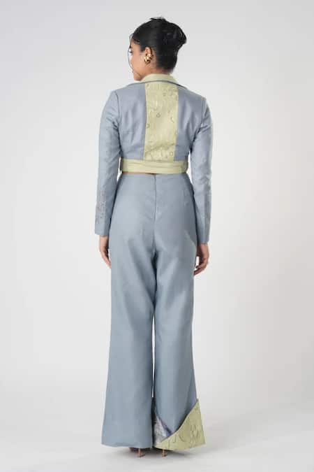 Shop Orthodox Blue Bamboo, Hemp Embroidery Aari Flared Trouser at Aza Fashions Shop_Orthodox_Blue Bamboo, Hemp Embroidery Aari Flared Trouser _at_Aza_Fashions