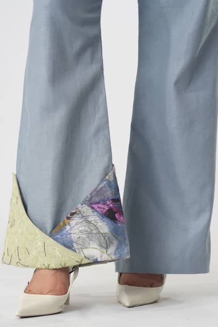 Orthodox Blue Bamboo, Hemp Embroidery Aari Flared Trouser Online at Aza Fashions Orthodox_Blue Bamboo, Hemp Embroidery Aari Flared Trouser _Online_at_Aza_Fashions