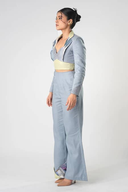 Buy Orthodox Blue Bamboo, Hemp Embroidery Aari Flared Trouser Online at Aza Fashions Buy_Orthodox_Blue Bamboo, Hemp Embroidery Aari Flared Trouser _Online_at_Aza_Fashions