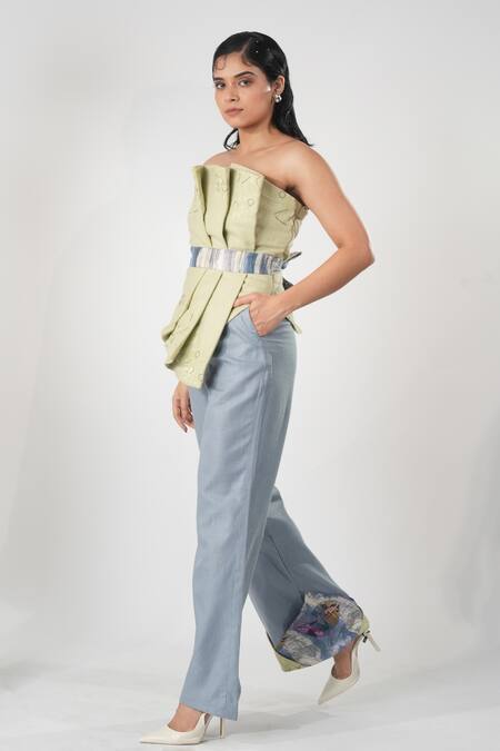 Orthodox Green Bamboo, Hemp Embroidery Off-shoulder Off Draped Top Online at Aza Fashions Orthodox_Green Bamboo, Hemp Embroidery Off-shoulder Off Draped Top _Online_at_Aza_Fashions