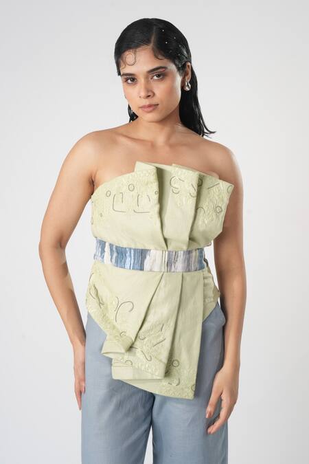 Shop_Orthodox_Green Bamboo, Hemp Embroidery Off-shoulder Off Draped Top _Online_at_Aza_Fashions
