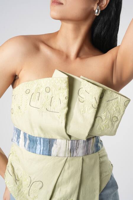 Orthodox_Green Bamboo, Hemp Embroidery Off-shoulder Off Draped Top _at_Aza_Fashions