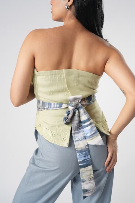 Buy_Orthodox_Green Bamboo, Hemp Embroidery Off-shoulder Off Draped Top 