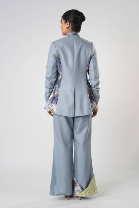 Shop_Orthodox_Blue Bamboo, Hemp Embroidery Crestail Blazer _at_Aza_Fashions