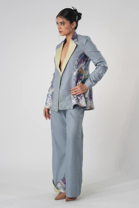 Orthodox_Blue Bamboo, Hemp Embroidery Crestail Blazer _Online_at_Aza_Fashions