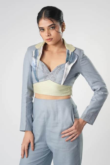 Shop Orthodox Blue Bamboo, Hemp Embroidery Sweetheart Neck, Collared Aari Jacket at Aza Fashions Shop_Orthodox_Blue Bamboo, Hemp Embroidery Sweetheart Neck, Collared Aari Jacket _at_Aza_Fashions