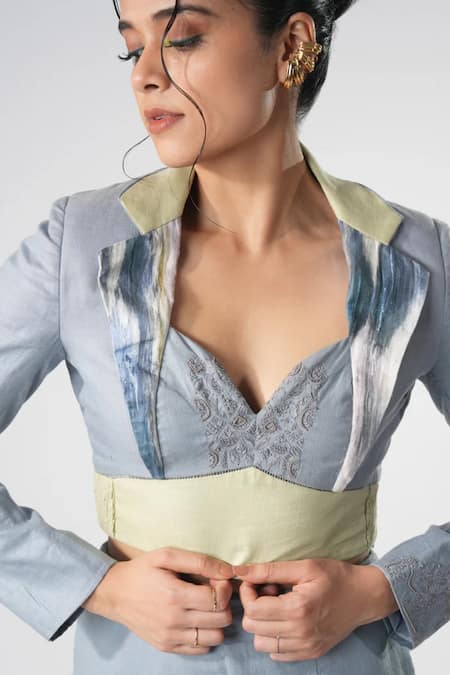 Orthodox Blue Bamboo, Hemp Embroidery Sweetheart Neck, Collared Aari Jacket Online at Aza Fashions Orthodox_Blue Bamboo, Hemp Embroidery Sweetheart Neck, Collared Aari Jacket _Online_at_Aza_Fashions