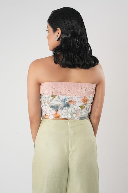 Shop_Orthodox_Pink Bamboo, Hemp Embroidery Halter Neck Bloom Print Top _at_Aza_Fashions