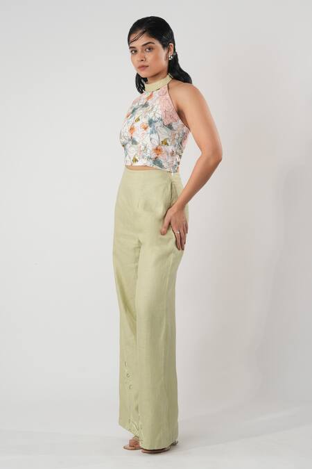 Orthodox Pink Bamboo, Hemp Embroidery Halter Neck Bloom Print Top Online at Aza Fashions Orthodox_Pink Bamboo, Hemp Embroidery Halter Neck Bloom Print Top _Online_at_Aza_Fashions