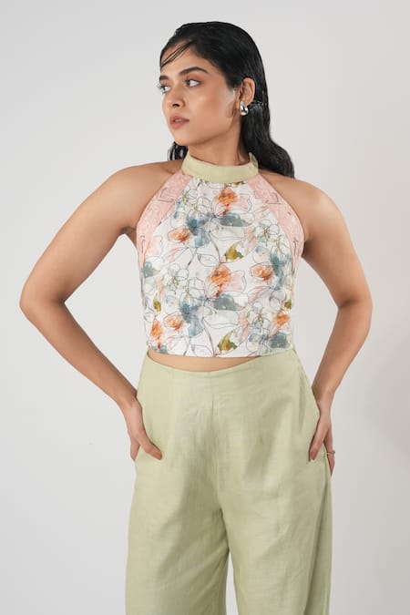 Buy_Orthodox_Pink Bamboo, Hemp Embroidery Halter Neck Bloom Print Top _Online_at_Aza_Fashions