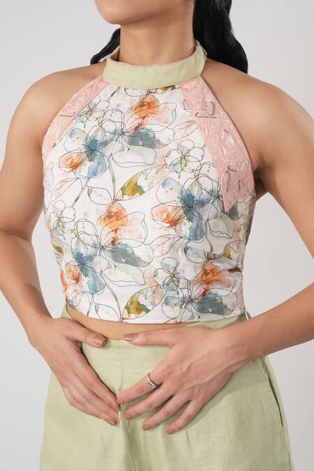 Shop_Orthodox_Pink Bamboo, Hemp Embroidery Halter Neck Bloom Print Top _Online_at_Aza_Fashions
