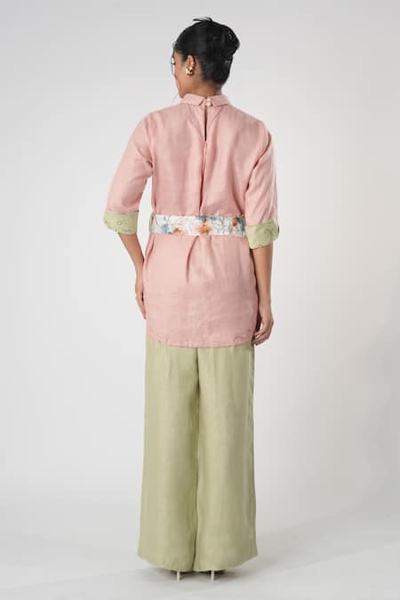 Shop Orthodox Pink Bamboo, Hemp Embroidery Collared Warli Bloom Top at Aza Fashions Shop_Orthodox_Pink Bamboo, Hemp Embroidery Collared Warli Bloom Top _at_Aza_Fashions