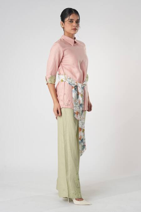 Orthodox_Pink Bamboo, Hemp Embroidery Collared Warli Bloom Top _Online_at_Aza_Fashions