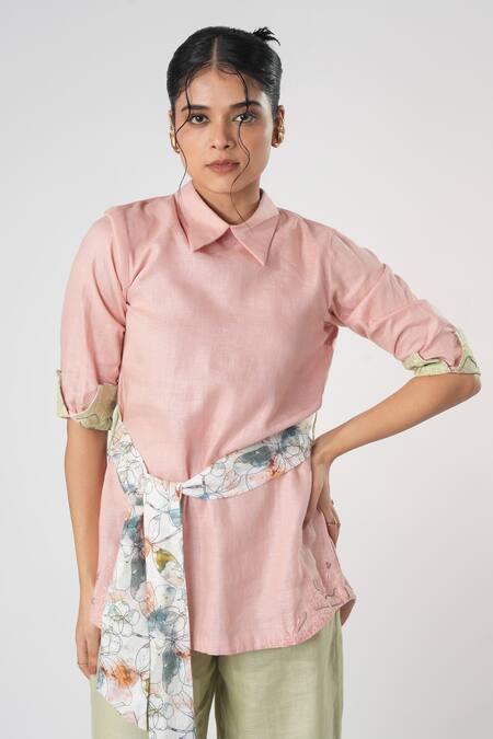 Buy_Orthodox_Pink Bamboo, Hemp Embroidery Collared Warli Bloom Top _Online_at_Aza_Fashions