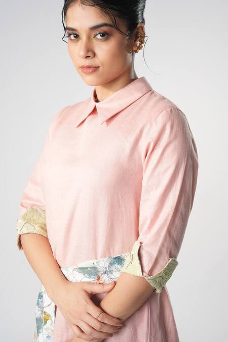 Shop_Orthodox_Pink Bamboo, Hemp Embroidery Collared Warli Bloom Top _Online_at_Aza_Fashions
