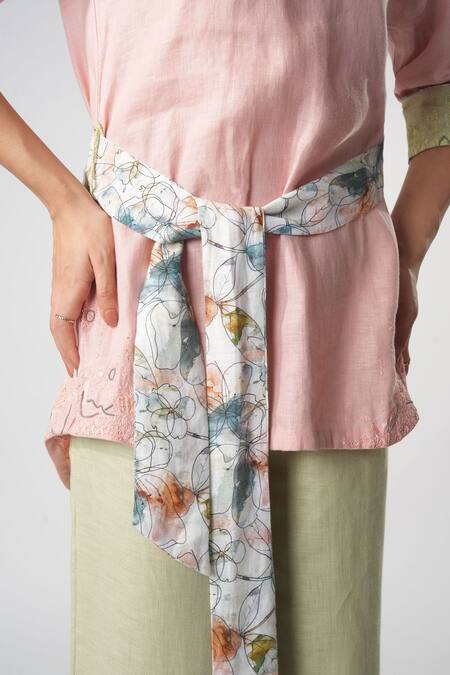 Buy_Orthodox_Pink Bamboo, Hemp Embroidery Collared Warli Bloom Top 