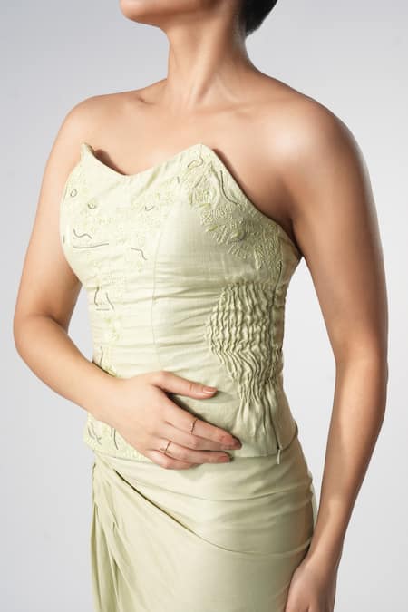 Shop_Orthodox_Green Bamboo, Hemp, Linen Embroidery Sweetheart Neck Aari Strapless Corset Top _Online_at_Aza_Fashions