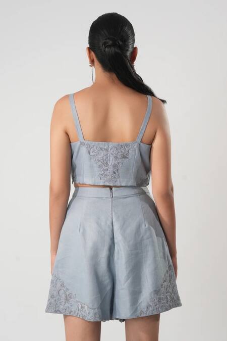 Shop Orthodox Blue Hemp Embroidery Aari Floral Skorts at Aza Fashions Shop_Orthodox_Blue Hemp Embroidery Aari Floral Skorts_at_Aza_Fashions