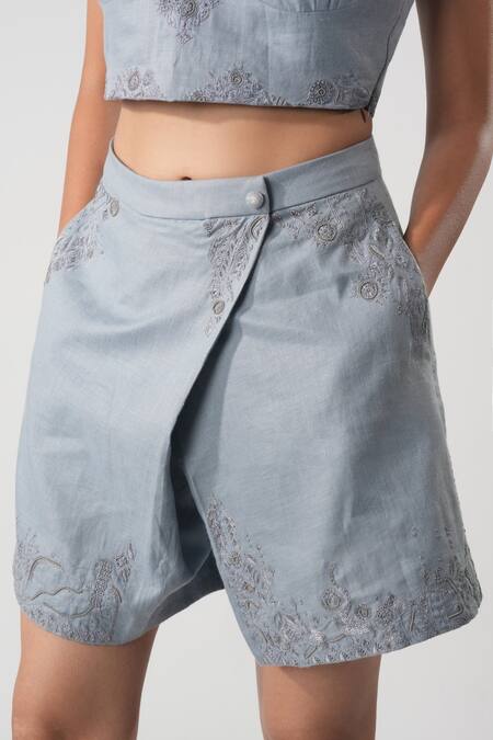 Orthodox Blue Hemp Embroidery Aari Floral Skorts Online at Aza Fashions Orthodox_Blue Hemp Embroidery Aari Floral Skorts_Online_at_Aza_Fashions