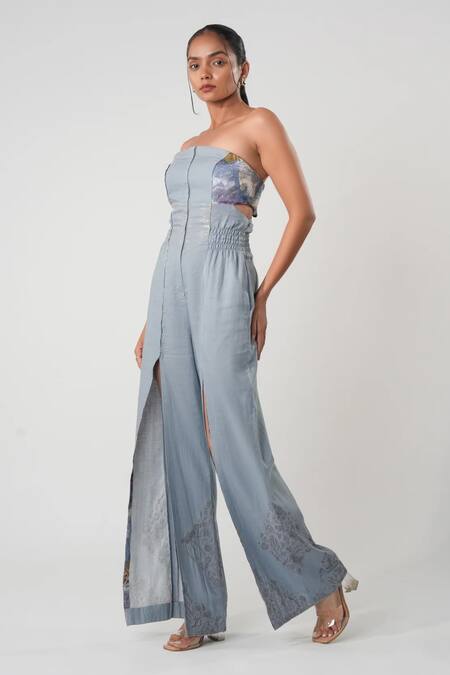 Orthodox_Blue Hemp Embroidery Aari Straight Neck Moonlit Jumpsuit_Online_at_Aza_Fashions