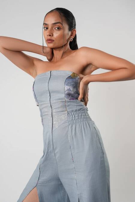 Buy_Orthodox_Blue Hemp Embroidery Aari Straight Neck Moonlit Jumpsuit_Online_at_Aza_Fashions