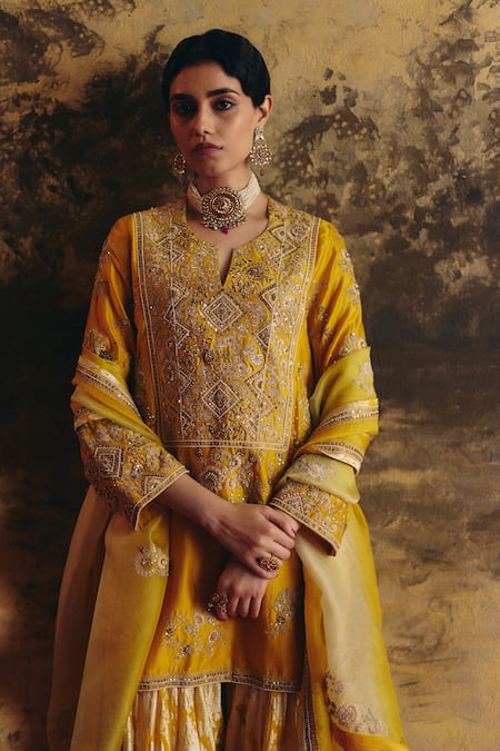 Petticoat Lane By Divya Yellow Shimmer Brocade Embroidered Kurta Set 