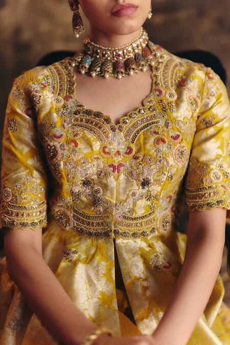 Buy Petticoat Lane By Divya Yellow Organza, Brocade Pearls, Sequins Embroidered Peplum Kurta Set Online at Aza Fashions Buy_Petticoat Lane By Divya_Yellow Organza, Brocade Pearls, Sequins Embroidered Peplum Kurta Set _Online_at_Aza_Fashions