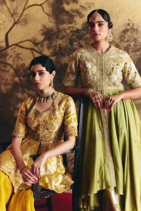 Petticoat Lane By Divya Yellow Organza, Brocade Pearls, Sequins Embroidered Peplum Kurta Set at Aza Fashions Petticoat Lane By Divya_Yellow Organza, Brocade Pearls, Sequins Embroidered Peplum Kurta Set _at_Aza_Fashions