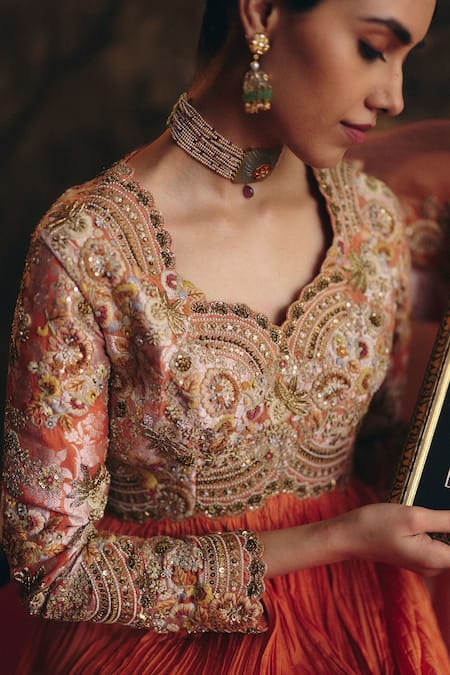 Shop Petticoat Lane By Divya Orange Organza, Silk Pearls, Sequins, Beads, And Resham Embroidered Anarkali Set Online at Aza Fashions Shop_Petticoat Lane By Divya_Orange Organza, Silk Pearls, Sequins, Beads, And Resham Embroidered Anarkali Set _Online_at_Aza_Fashions