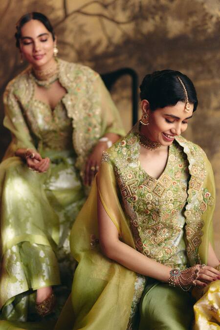 Buy_Petticoat Lane By Divya_Green Organza, Brocade, Chanderi Pearls, Floral Cutwork Cape Palazzo Set _Online_at_Aza_Fashions