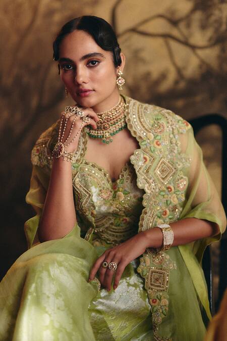 Shop_Petticoat Lane By Divya_Green Organza, Brocade, Chanderi Pearls, Floral Cutwork Cape Palazzo Set _Online_at_Aza_Fashions