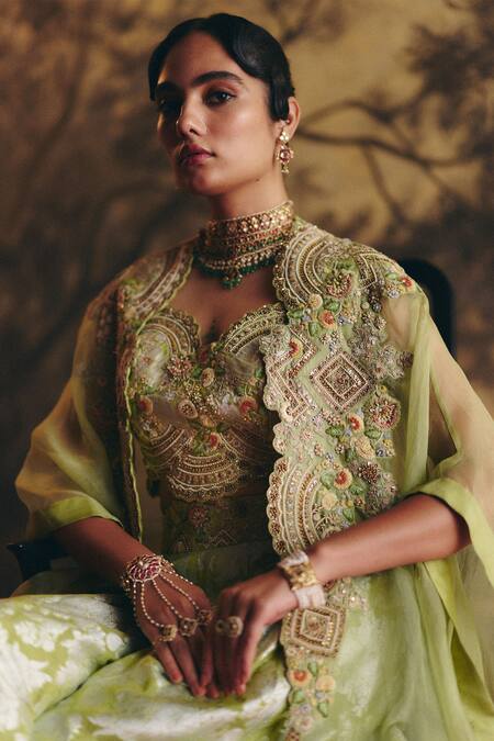 Buy_Petticoat Lane By Divya_Green Organza, Brocade, Chanderi Pearls, Floral Cutwork Cape Palazzo Set 